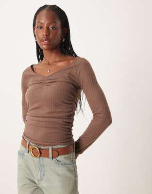 Asos Design Soft Brush Rib V Neck Long Sleeve In Brown