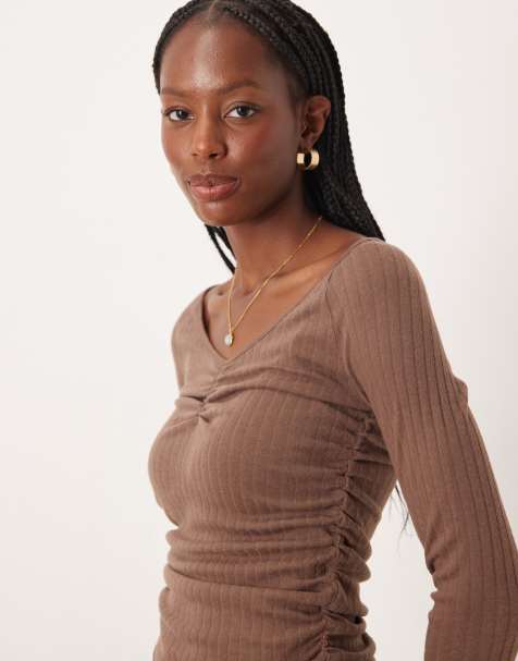 ASOS DESIGN soft brush rib v-neck long sleeve top in chocolate - view 1