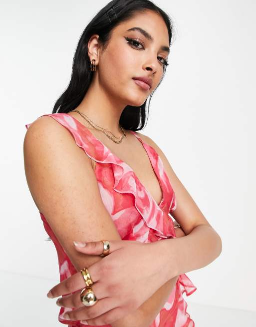 ASOS DESIGN soft cami top with ruffle co-ord in pink floral, 3 of 4