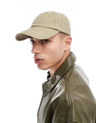 Asos Design Soft Cap With Contrast Stitch In Washed Khaki-green