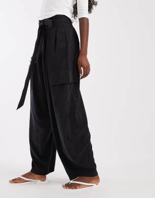 Asos Design Soft Cargo Balloon Pants With Belt In Black