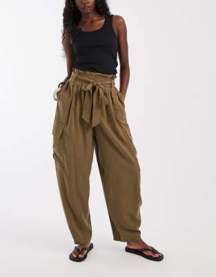 Asos Design Soft Cargo Balloon Pants With Belt In Green