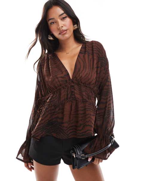 ASOS DESIGN soft chiffon blouse in chocolate stripe - view 1