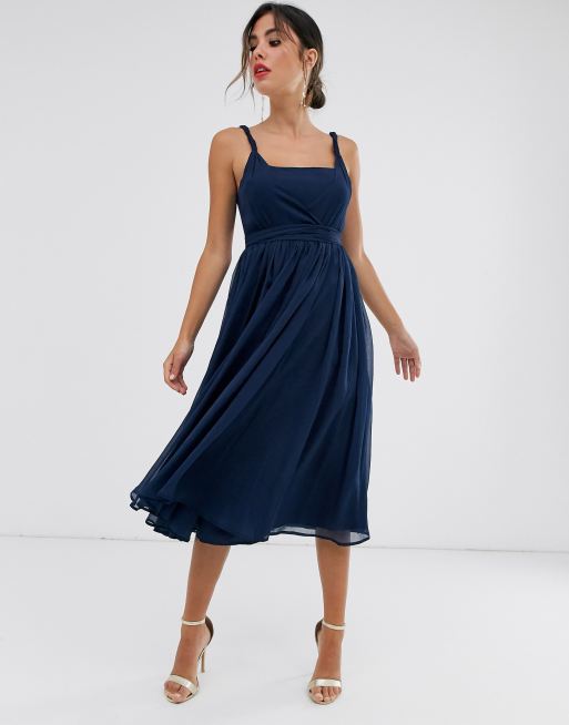 ASOS DESIGN soft chiffon square neck midi prom dress with twist strap