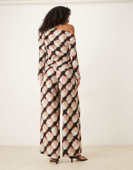 ASOS DESIGN soft clean front wide leg pants in blurred plaid - part of a set, 3 of 4