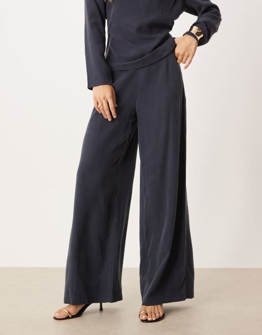ASOS DESIGN soft clean front wide leg pants in washed ink - part of a set