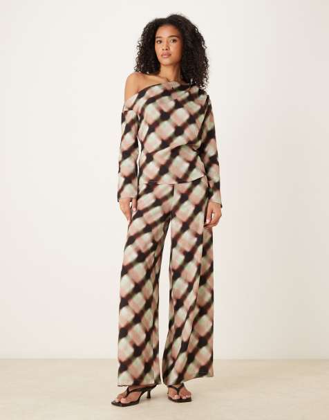 ASOS DESIGN soft clean front wide leg trousers co-ord in blurred check - view 1