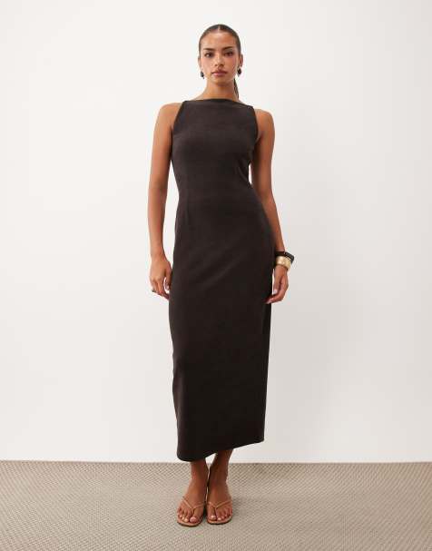 ASOS DESIGN soft cord boat neck midi dress in brown - view 1