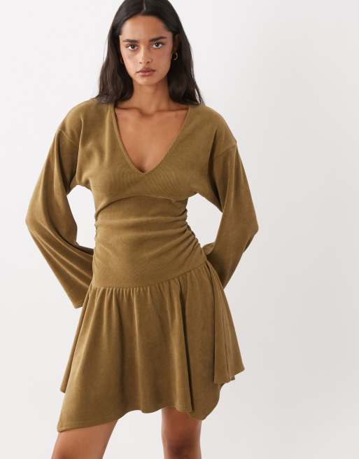 ASOS DESIGN soft cord hankey hem mini dress in mustard, 2 of 4