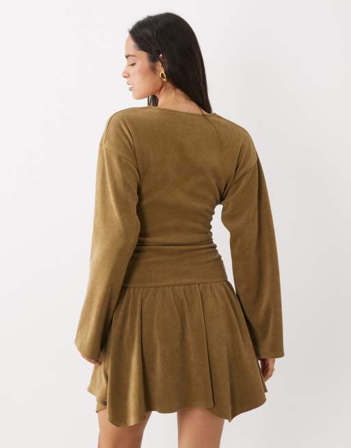 ASOS DESIGN soft cord hankey hem mini dress in mustard, 4 of 4