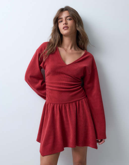 ASOS DESIGN soft cord hankey hem mini dress in red, 2 of 4