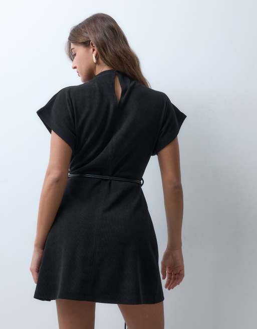 ASOS DESIGN soft cord high neck belted mini dress in black, 4 of 4