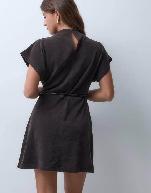ASOS DESIGN soft cord high neck belted mini dress in chocolate, 4 of 4