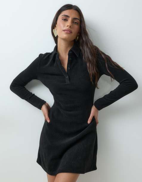 ASOS DESIGN soft cord long sleeve polo mini dress in black