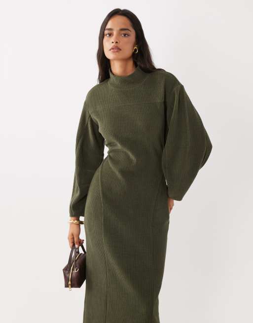 ASOS DESIGN soft cord panelled midaxi dress in green, 2 of 4