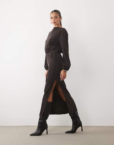 ASOS DESIGN soft cord slash neck belted maxi dress in chocolate - view 1