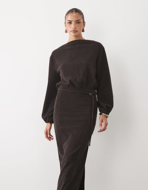 ASOS DESIGN soft cord slash neck belted maxi dress in chocolate, 2 of 4