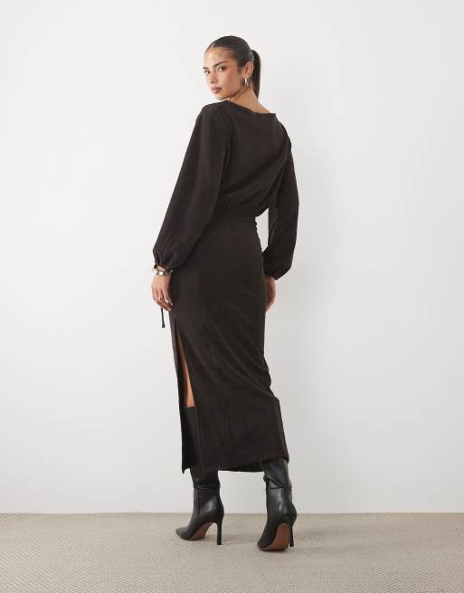 ASOS DESIGN soft cord slash neck belted maxi dress in chocolate, 4 of 4