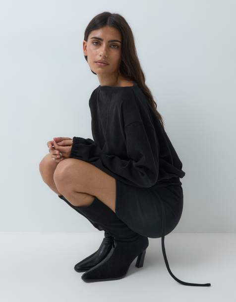 ASOS DESIGN soft cord slash neck belted mini dress in black - view 1
