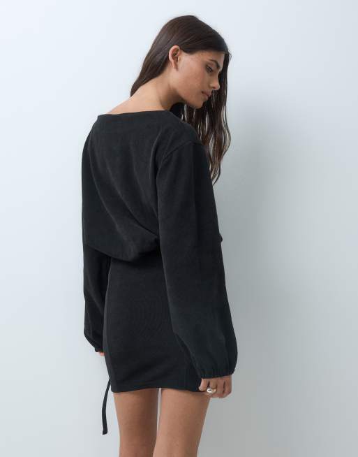 ASOS DESIGN soft cord slash neck belted mini dress in black, 4 of 5
