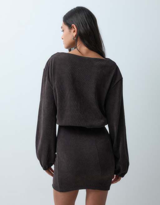 ASOS DESIGN soft cord slash neck belted mini dress in chocolate, 5 of 5