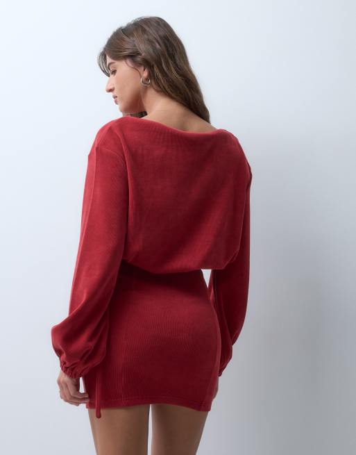 ASOS DESIGN soft cord slash neck belted mini dress in red, 2 of 4