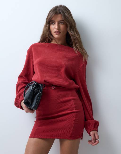 ASOS DESIGN soft cord slash neck belted mini dress in red, 4 of 4