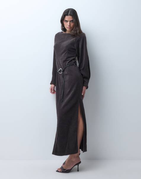 ASOS DESIGN soft cord slash neck midi dress with belt in chocolate
