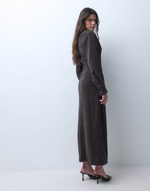 ASOS DESIGN soft cord slash neck midi dress with belt in chocolate, 3 of 5