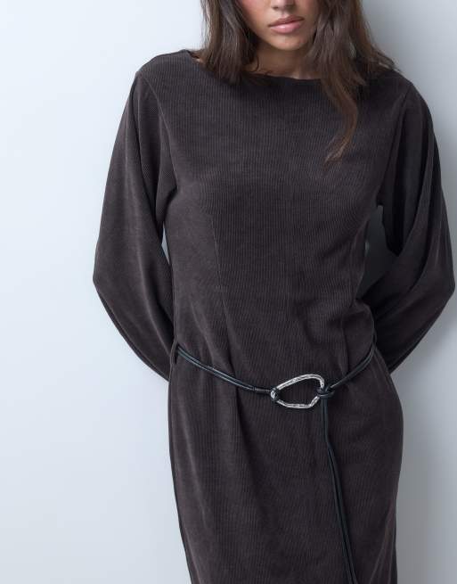 ASOS DESIGN soft cord slash neck midi dress with belt in chocolate, 4 of 5