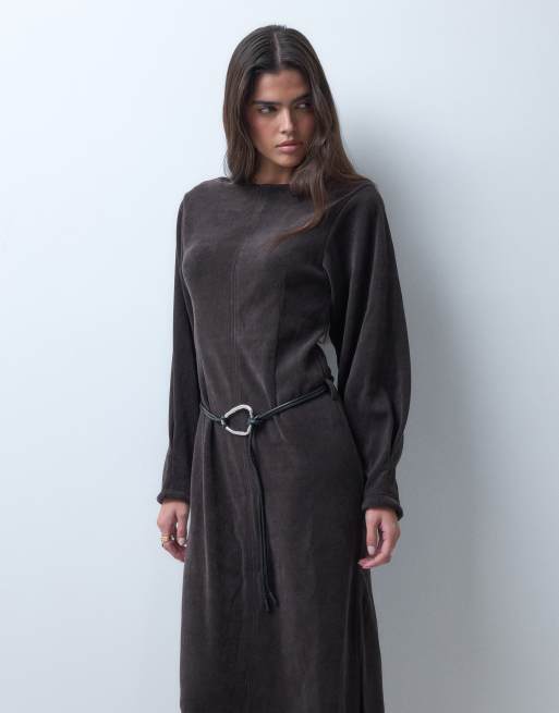 ASOS DESIGN soft cord slash neck midi dress with belt in chocolate, 5 of 5