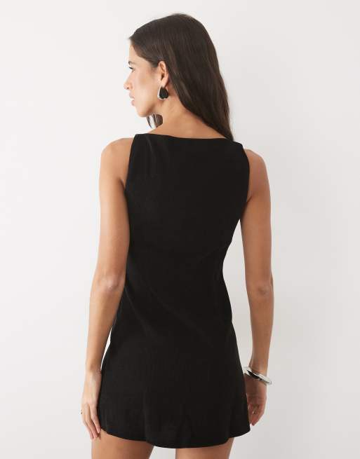ASOS DESIGN soft cord slash neck mini dress in black, 2 of 4