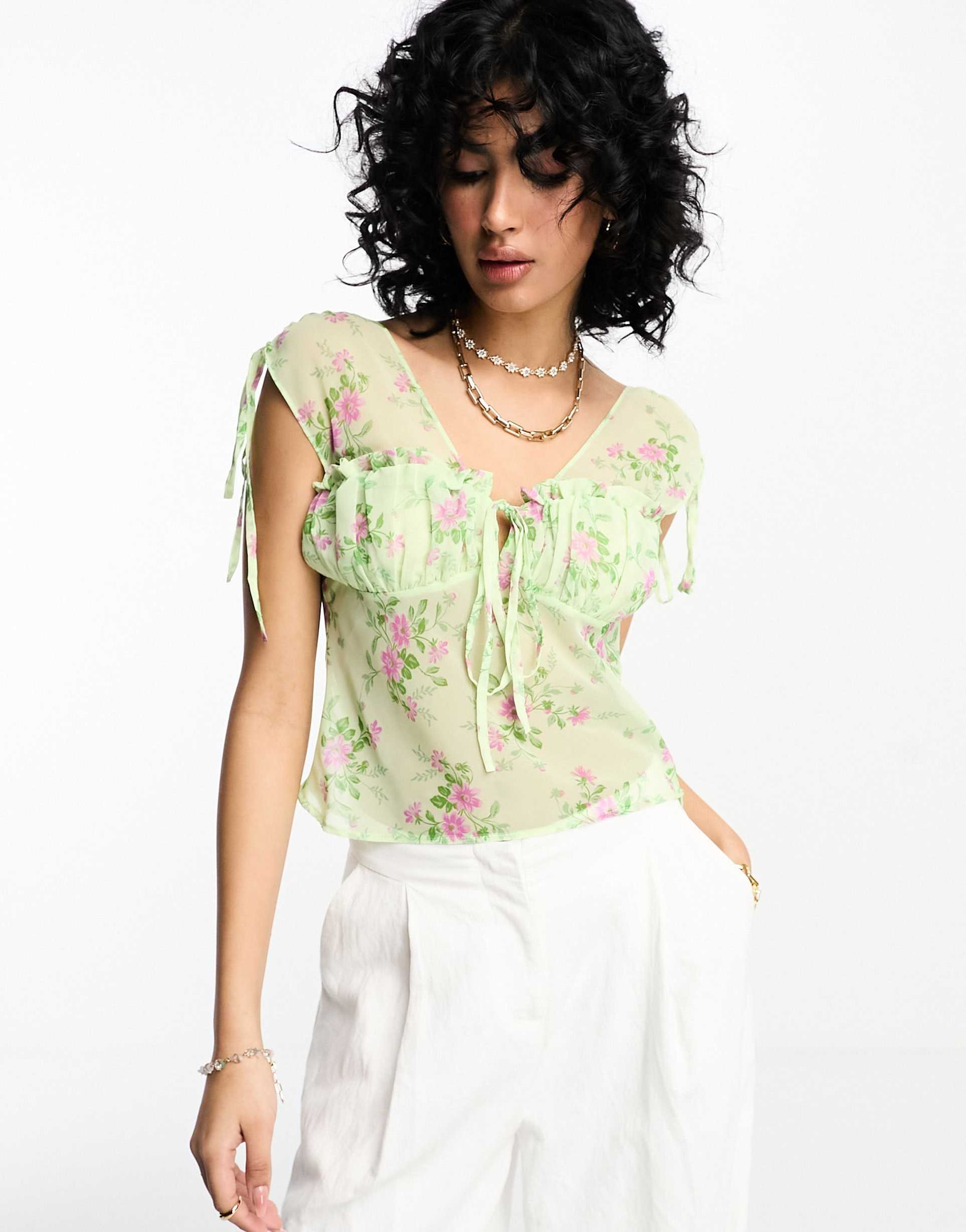 asos design soft corset with ruched bust in sage & purple floral print