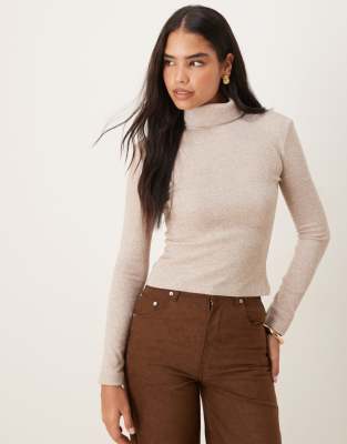 Asos Design Soft Cotton Seam Detail Roll Neck Oatmeal Heather-neutral