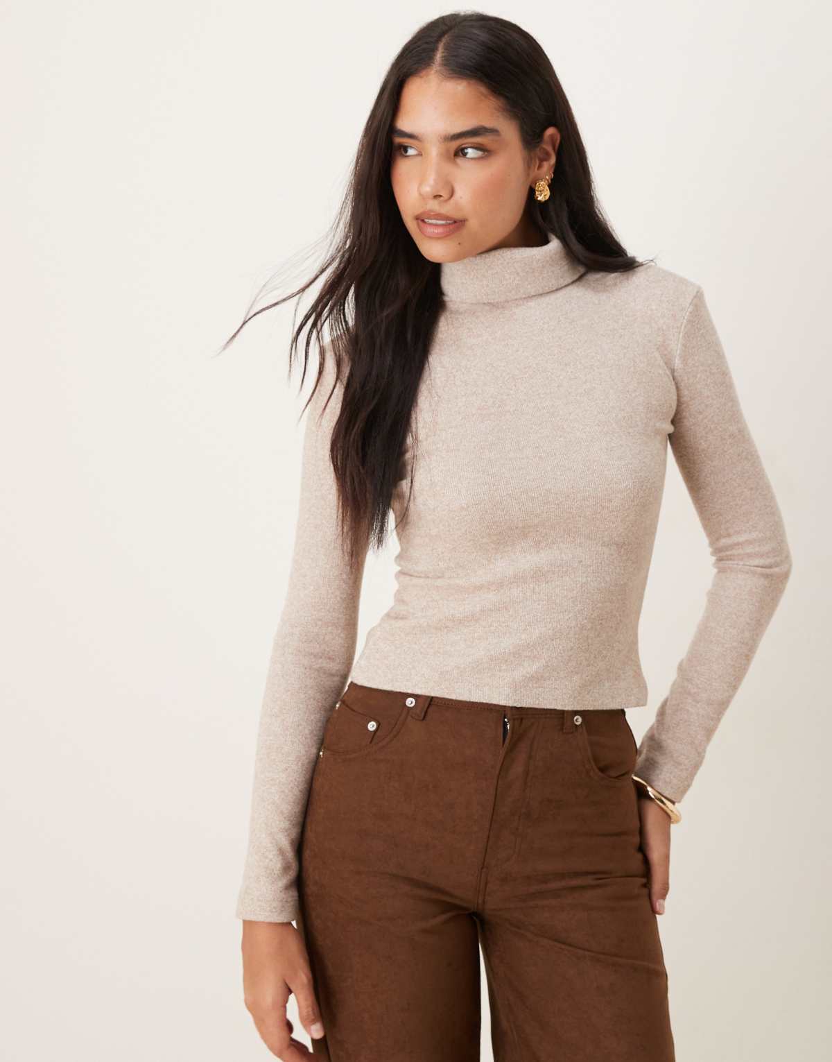 ASOS DESIGN soft cotton seam detail roll neck oatmeal marl