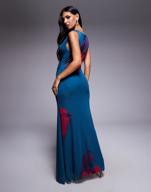 ASOS DESIGN soft cowl neck layered maxi dress in green and red floral print, 3 of 4