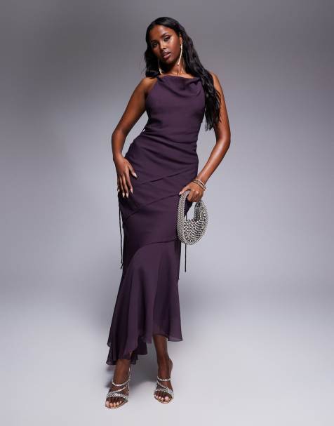 ASOS DESIGN soft cowl neck strappy back maxi dress with seam detail in aubergine