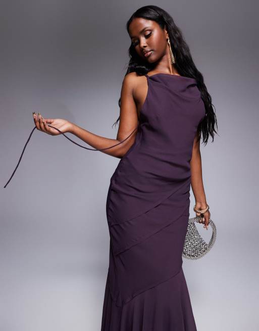 ASOS DESIGN soft cowl neck strappy back maxi dress with seam detail in  aubergine | ASOS