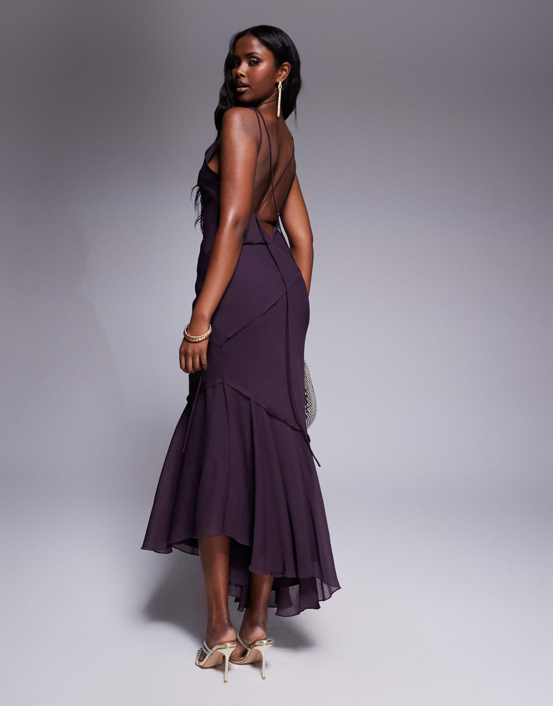 asos design soft cowl neck strappy back maxi dress with seam detail in aubergine