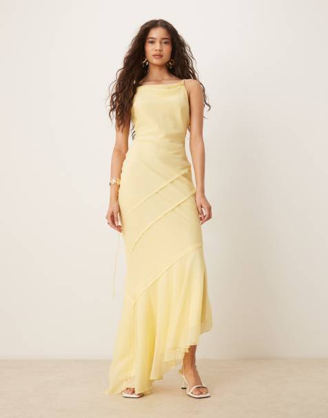 ASOS DESIGN soft cowl neck strappy back maxi dress with seam detail in lemon - view 1