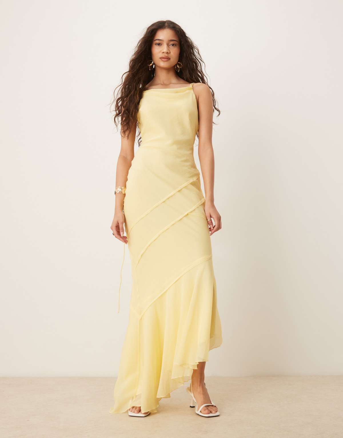 ASOS DESIGN soft cowl neck strappy back maxi dress with seam detail in lemon