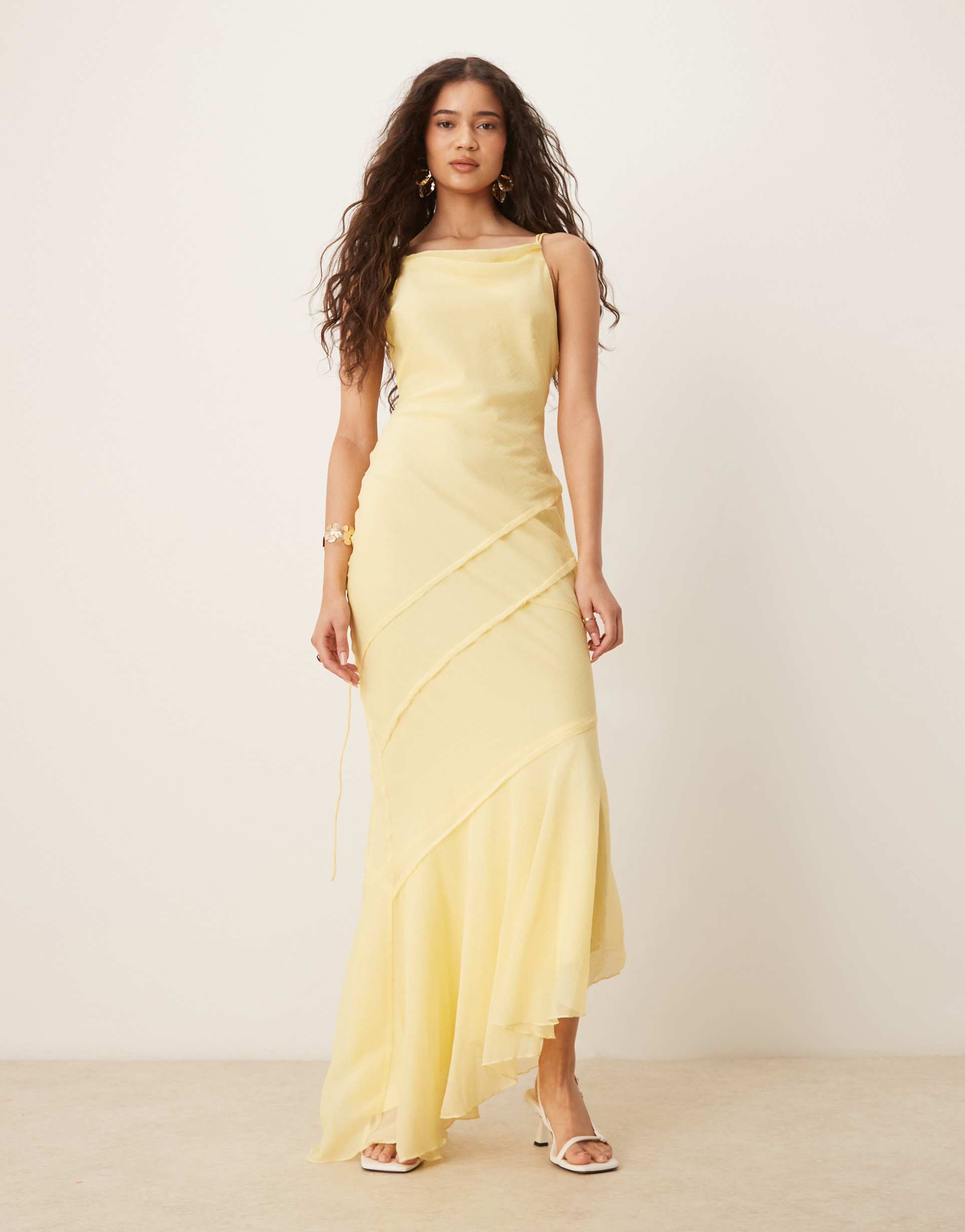 asos design soft cowl neck strappy back maxi dress with seam detail in lemon