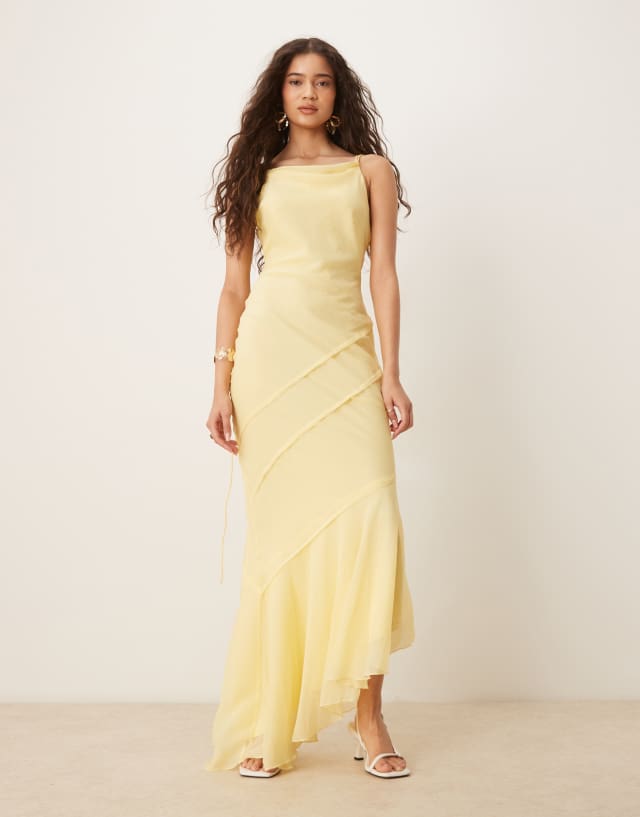 ASOS DESIGN soft cowl neck strappy back maxi dress with seam detail in lemon