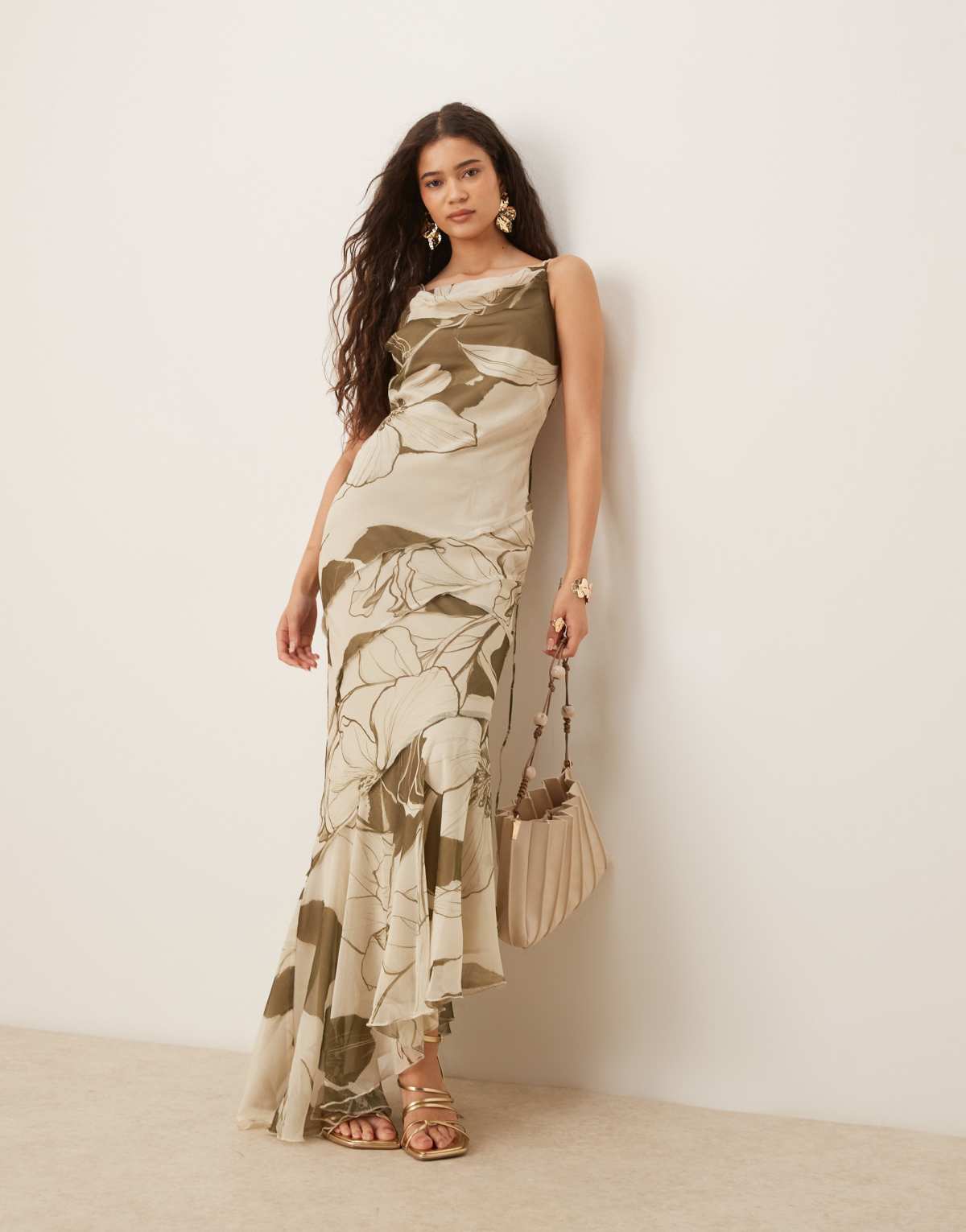 ASOS DESIGN soft cowl neck strappy back maxi dress with seam detail in oversized green floral print