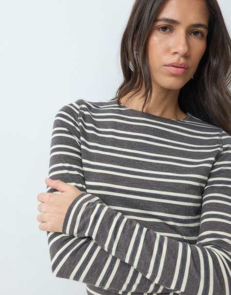 ASOS DESIGN soft crew neck long sleeve top in chocolate stripe - view 1