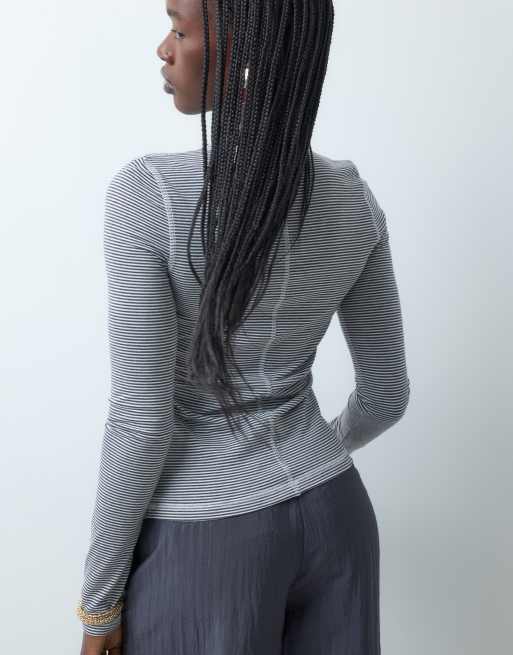 ASOS DESIGN soft crew neck long sleeve top in gray stripe, 2 of 5