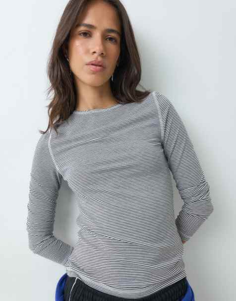 ASOS DESIGN soft crew neck long sleeve top in grey stripe