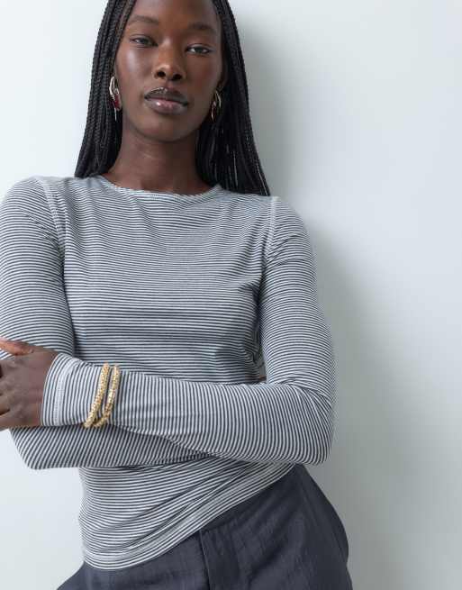 ASOS DESIGN soft crew neck long sleeve top in grey stripe, 5 of 5
