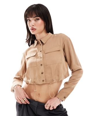 Asos Design Soft Crop Shirt With Drawstring In Camel-neutral In Brown