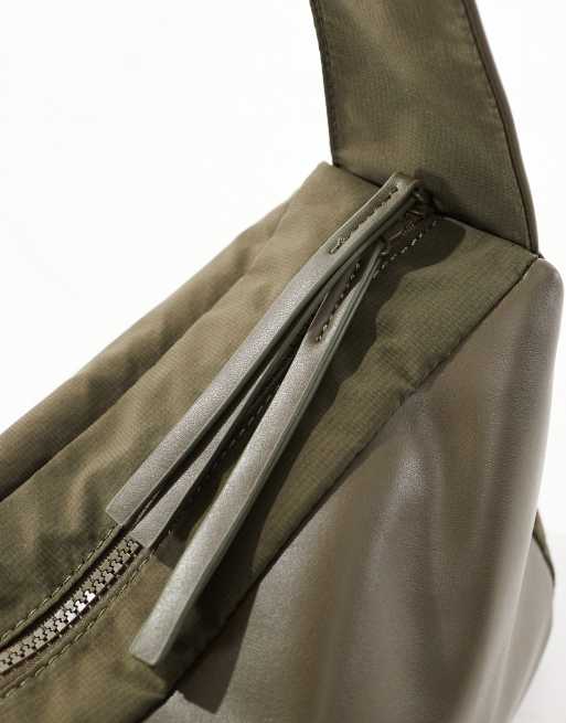 ASOS DESIGN soft cross body bag in faux leather and nylon in khaki, 2 of 4